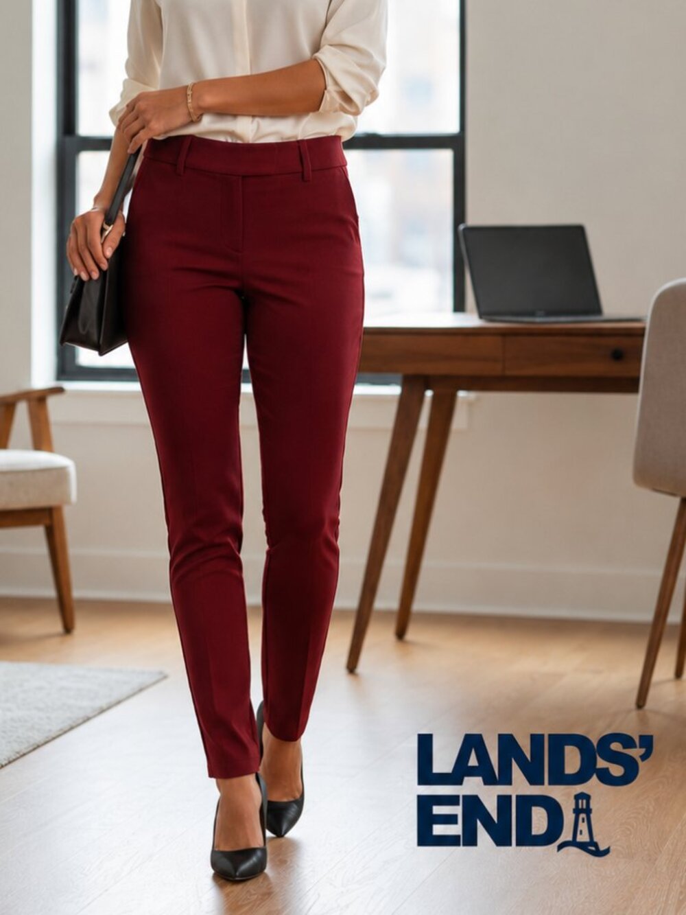 Lands’ End Burgundy Ponte Knit Skinny Pants Stretch Career Pull On Slim Trousers